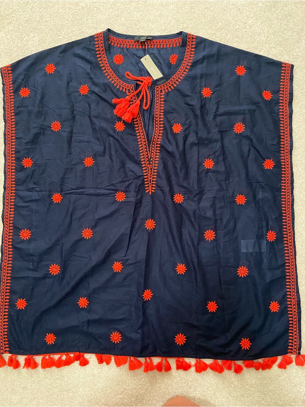 J. Crew Navy Tunic with Red Embroidered Stars & Tassels